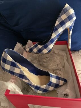 Shoe Dazzle Blue and White Gingham Pointed-Toe Stilettos